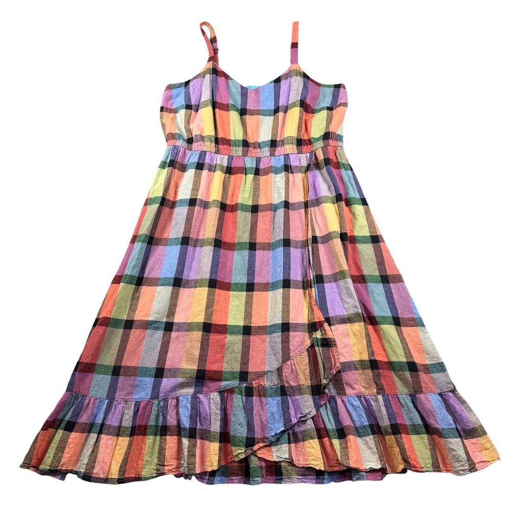 Lane Bryant Rainbow Plaid Wrap Front Midi Dress Womens 16P Multi Color Ruffle